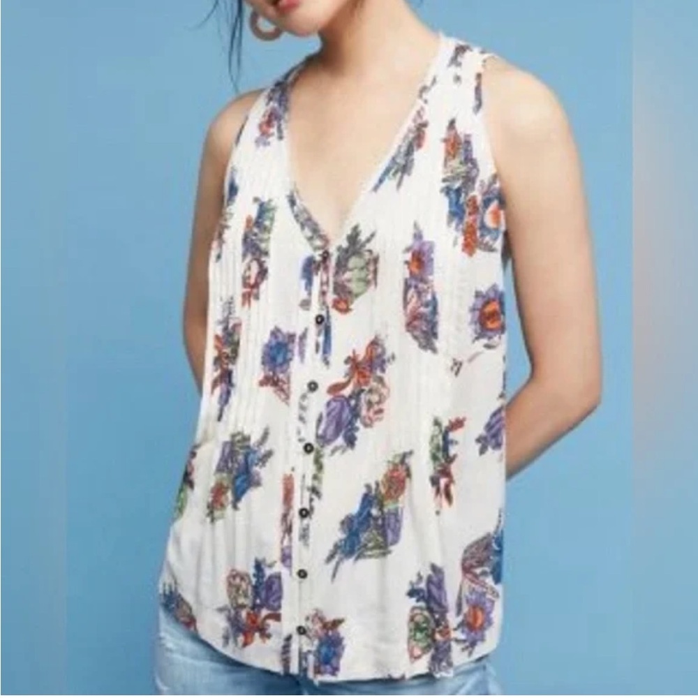 Anthropologie Maeve White and Blue Pleated Sleeveless Tank Top size M